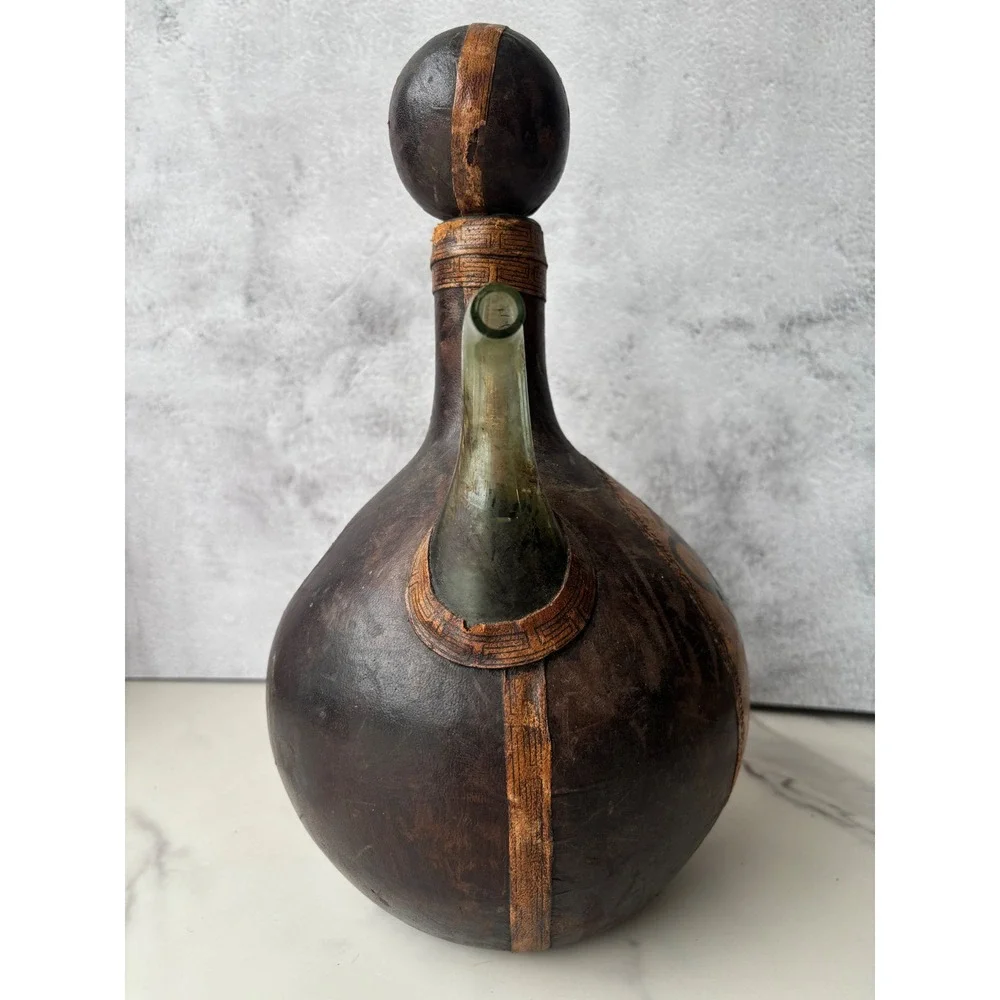 Vintage Leather Wrapped Glass Decanter Spanish Wine Bottle EMPTY